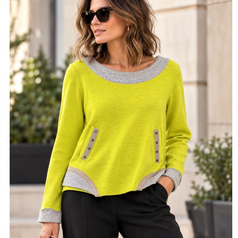 Tricot Chic Italy Wool Blend Sweater Chartreuse Colorblock Studded Art Knit 4